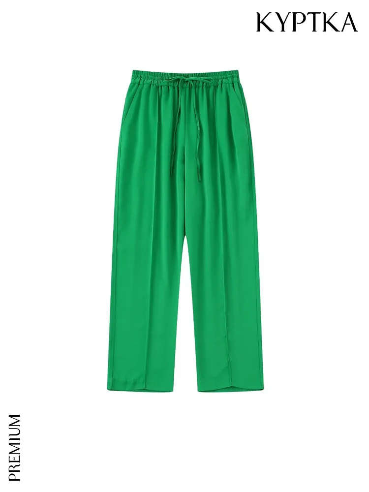 

KYPTKA Women Fashion Front Pockets Straight Pants Vintage High Elastic Waist With Drawstring Female Trousers Mujer