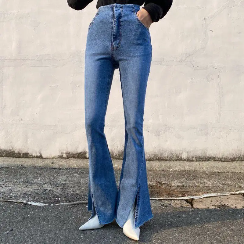 

2021 Women Korean Y2K High Waist Flare Blue Jeans Fashion Indie Side Split Denim Trousers 90s Aesthetic Slim Sexy Pencil Pants