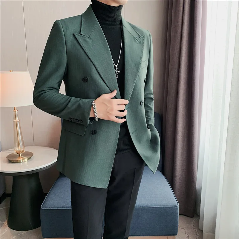 

Thicken Striped Men's Blazers Double Breasted Casual Slim Suit Jackets Wedding Business Dress Coat Social Banquet Tuxedo Costume