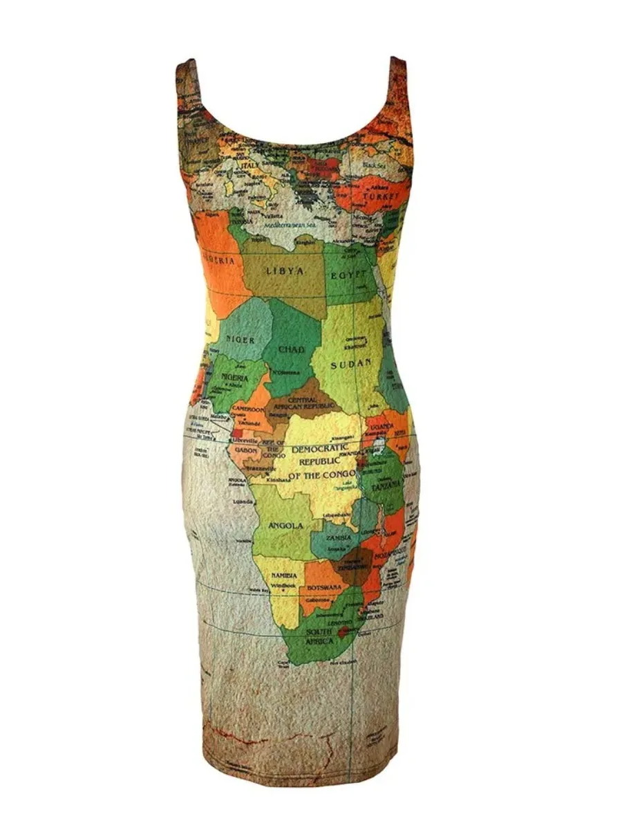 LW Plus Size World Map Letter Print Bodycon DressSummer Dresses for Women 2023 Sexy Sleeveless U-Neck Bodycon Mini Daily Dress