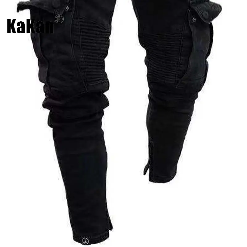 Kakan - European and American New Trend Knee Hole Broken Zipper Small Foot Jeans for Men, Elastic Side Pocket Long Jeans K45-829