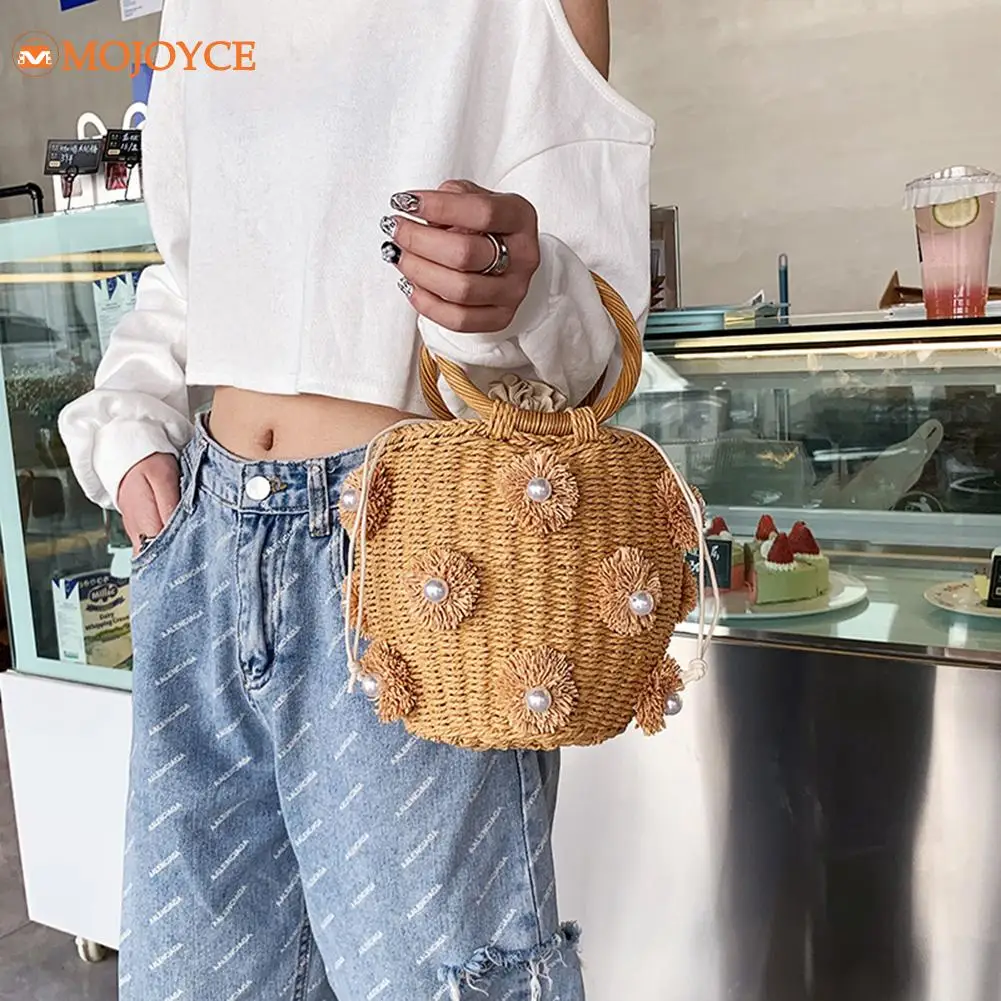 

Female Handmade Straw Portable Bag Pearl Flower Braids Bucket Top Handle Bag Casual Travel Handbags for Women