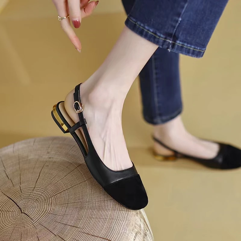 2022 Spring Autumn Round Toe Basic Pumps Women's 2cm Low Heels Fashion Retro Elastic Strap Slingback Summer Sandals Work Shoes