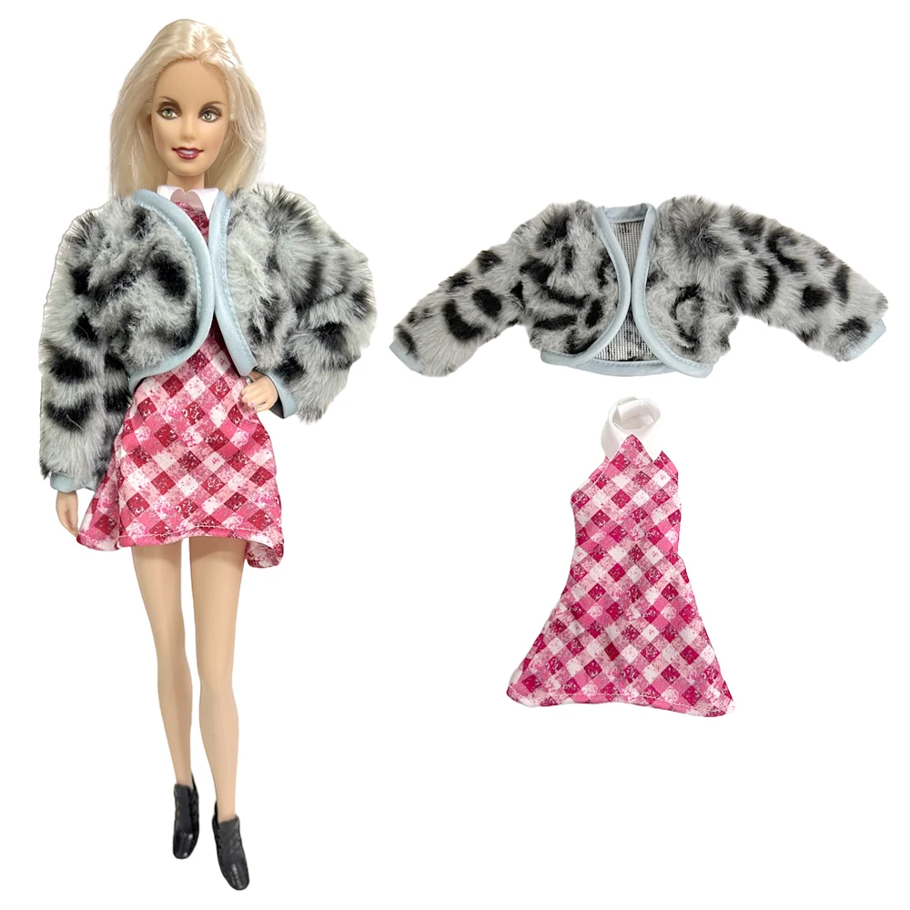 

NK 1 Set Noble dress of doll: handmade imitation fur+red plaid dress, party girl's dress For Barbie Doll 1/6 Toy accessories