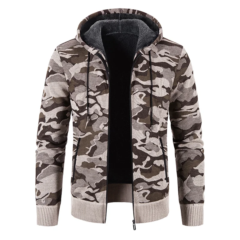 Men's Fashion Camouflage Sweater Knitted Fall Winter Fleece Thick Warm Wool Sweaters Coat Hoodie Pullover Zipper Cardigan Jacket