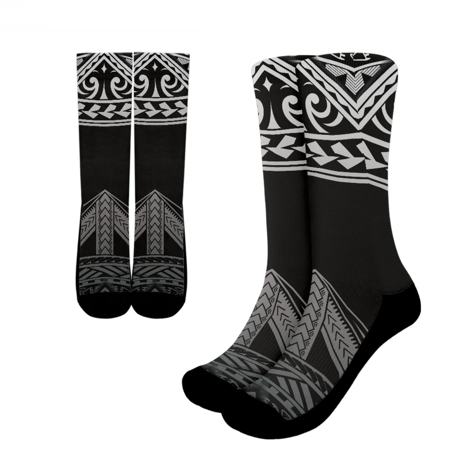 

Polynesian Tribal Pohnpei Totem Tattoo Prints Unisex Comfort Keep Warm Long-Tube Sports Socks Vintage Black White Two-Tone Socks