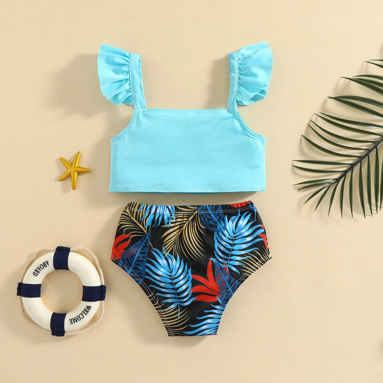 

6M-4T Girls Cute Two Piece Color Leaf Split Bikini Set Fashion Solid Color Ruffle Camisole and Leaf Print Shorts Swimwear