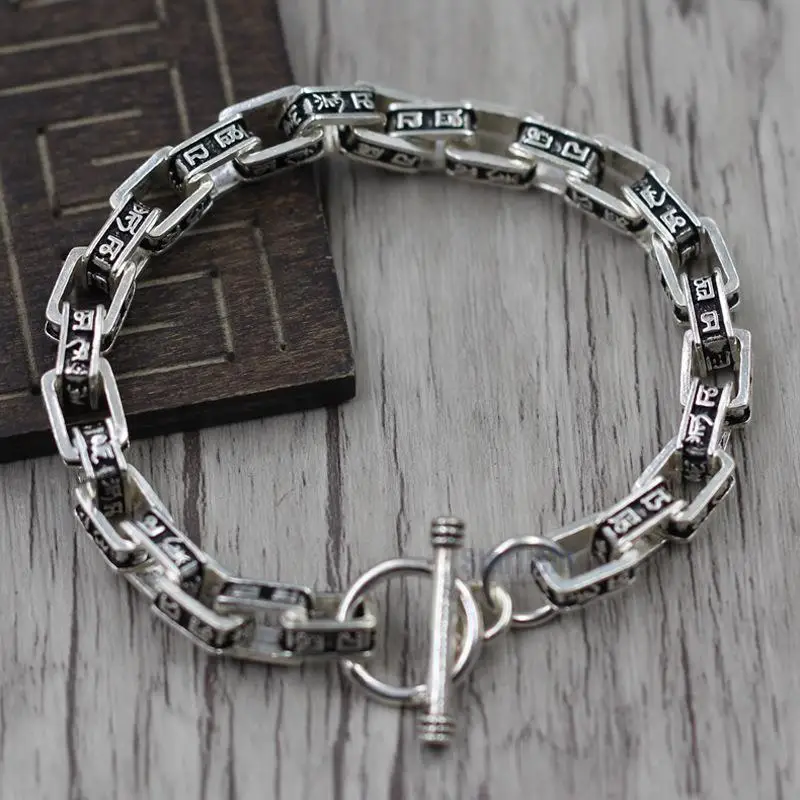 

925 Sterling Silver Jewelry Retro Six Words Mantra Buckle Bracelet Thai Silver Personality Men Bracelet