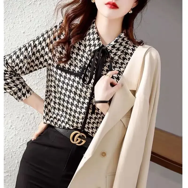 Новинка 2024 весенне-осенняя клетчатая шифоновая рубашка с тысячи птиц женская