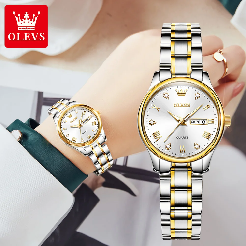 OLEVS New Luxury Brand Casual Fashion Quartz Womens Watches Stainless Steel Strap Waterproof Wear Resistant Band Weekly Calendar