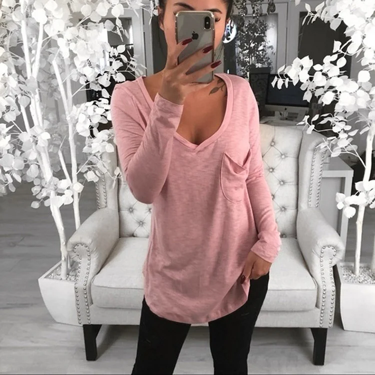 

Women's T-shirt Fashion T-shirt Spring and Autumn Sexy V-neck Loose Cotton Dirty Pocket Leisure Long Sleeve T-shirt T-shirt