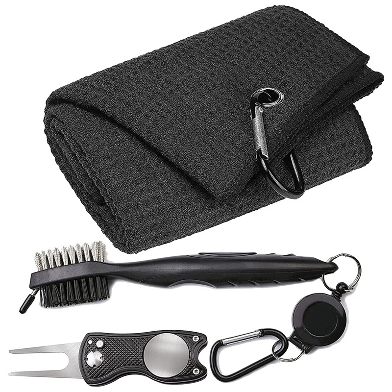 

Golf Towel Set Sports Towel with Carabiner Tri-Fold Golf Towel 40X60cm Golf Club Brush Green Fork for Golf Enthusiasts