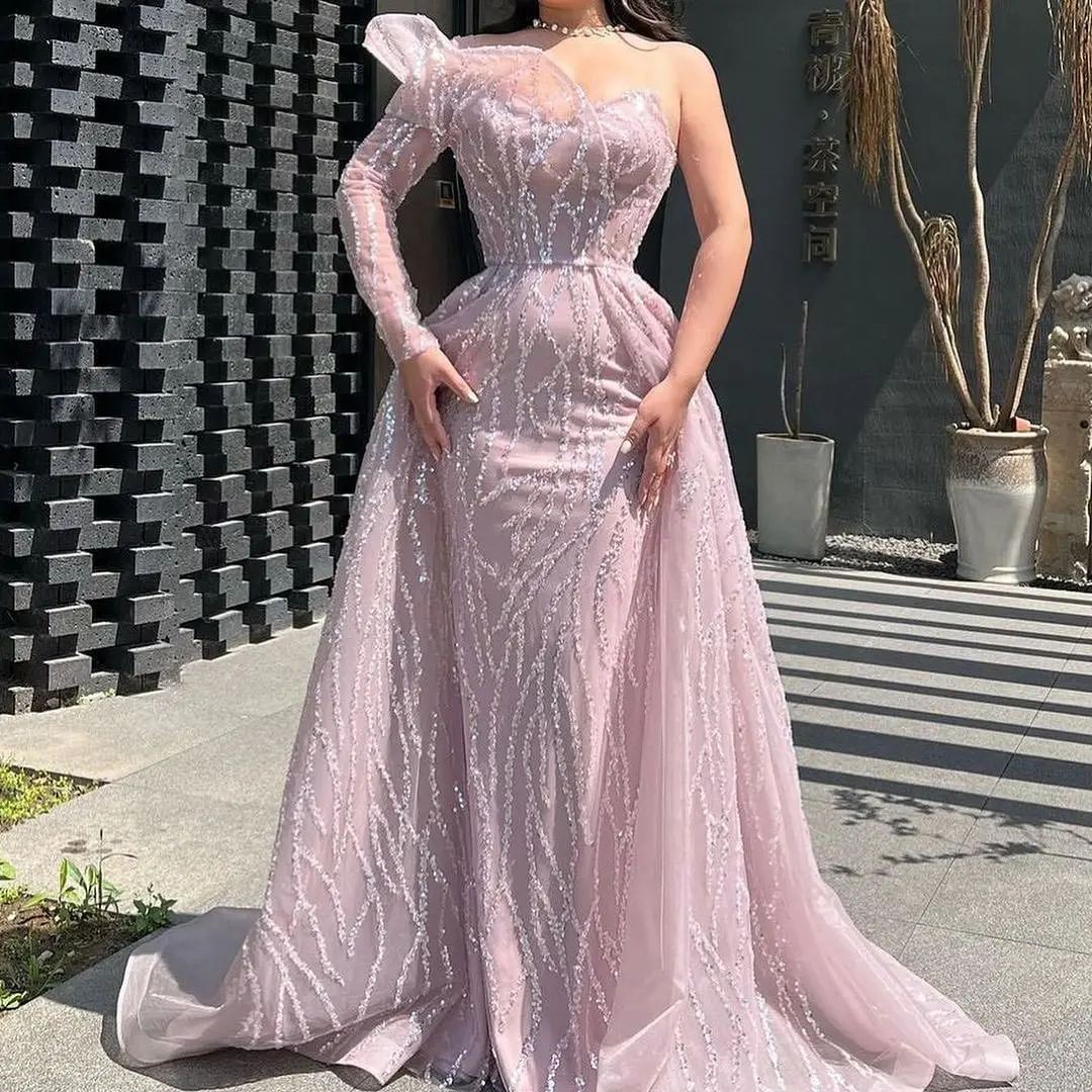 

Sapmae One-shoulder Embroidery Beaded Sheath Court Train Feather Zipper Up Elegant Prom Formal Evenning Party Dress For Women