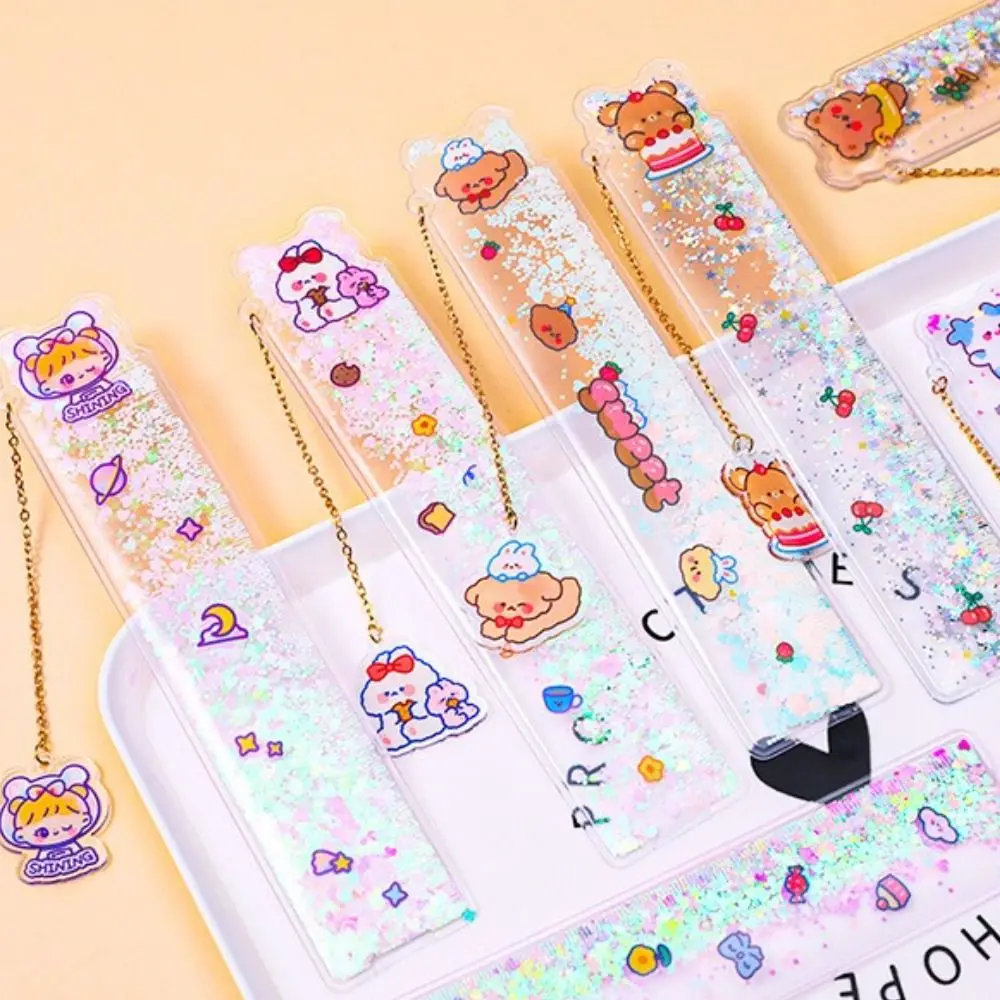 

1PC Cute Oil Ruler Quicksand Bookmark Measuring Straight Rulers Pendant Bookmarks Gift Stationery Drafting Supplies