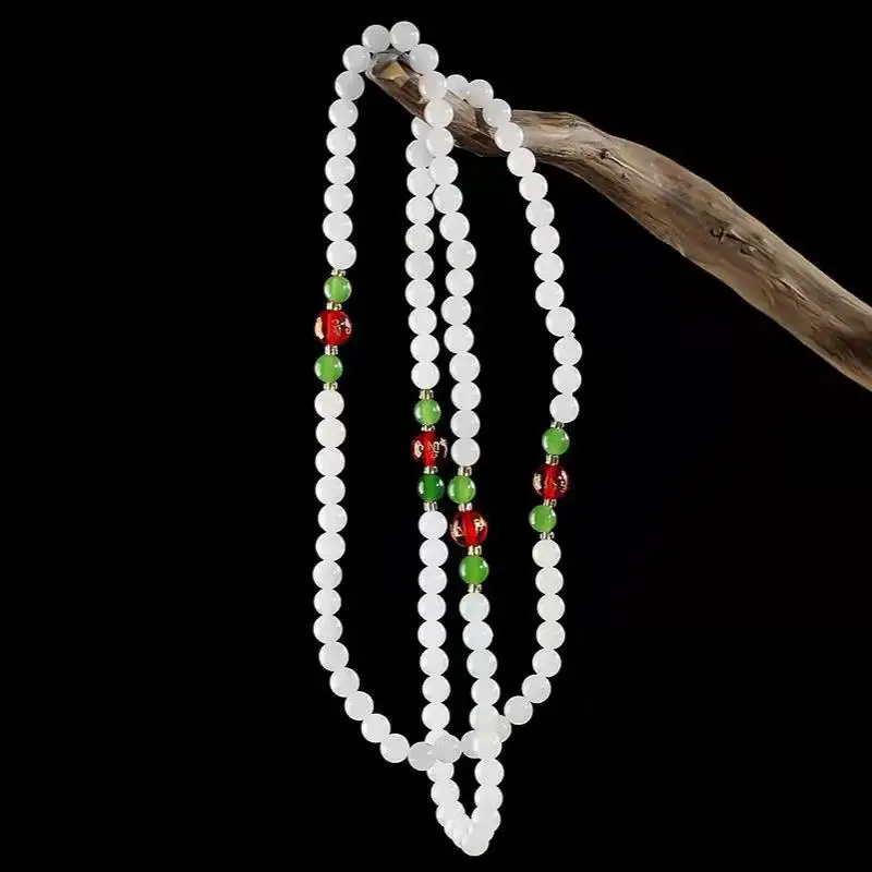 

108 Bead Mala White Jade Bracelet Women Fine Jewelry Accessories Real Chinese Hetian Jades Bangle Jadeite Bracelets Ladies Gifts