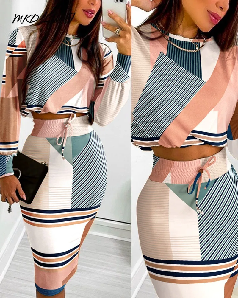 

MKDLUFI Striped Print Long Sleeve Crop Tops & Drawstring Shirred Skirt Set