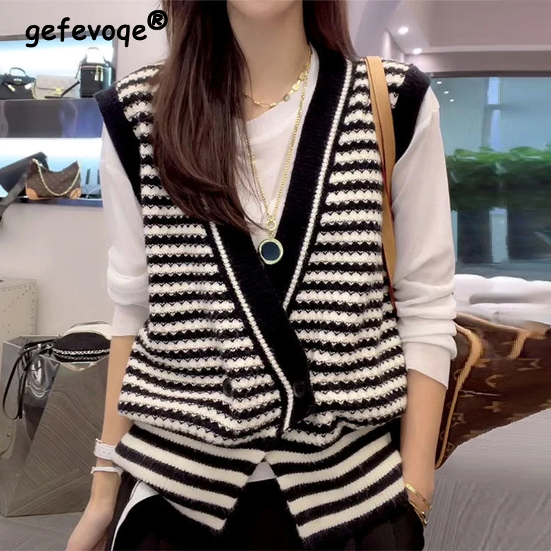 

Autumn Winter Loose Casual V-neck Striped Sweater Vest Ladies Sleeveless All-match Knitting Top Women Simple Fashion Pullover