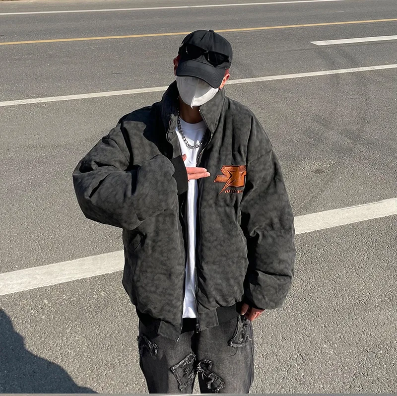 American-style Streetwear Men Parkas Washed Old Letter Embroidery Thickened Warm Down Jacket for Men and Women Couple Outfits