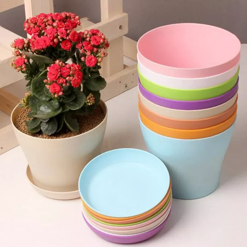 

Flower Pot Colorful Durable Resin Plant Flower Pot Gloss Planter Home Garden Decoration with a Saucer Tray Drainage Holes