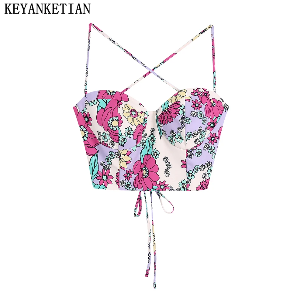 

KEYANKETIAN 2022 new women's sexy low-cut strappy backless print short suspender tops beachwear holiday tops