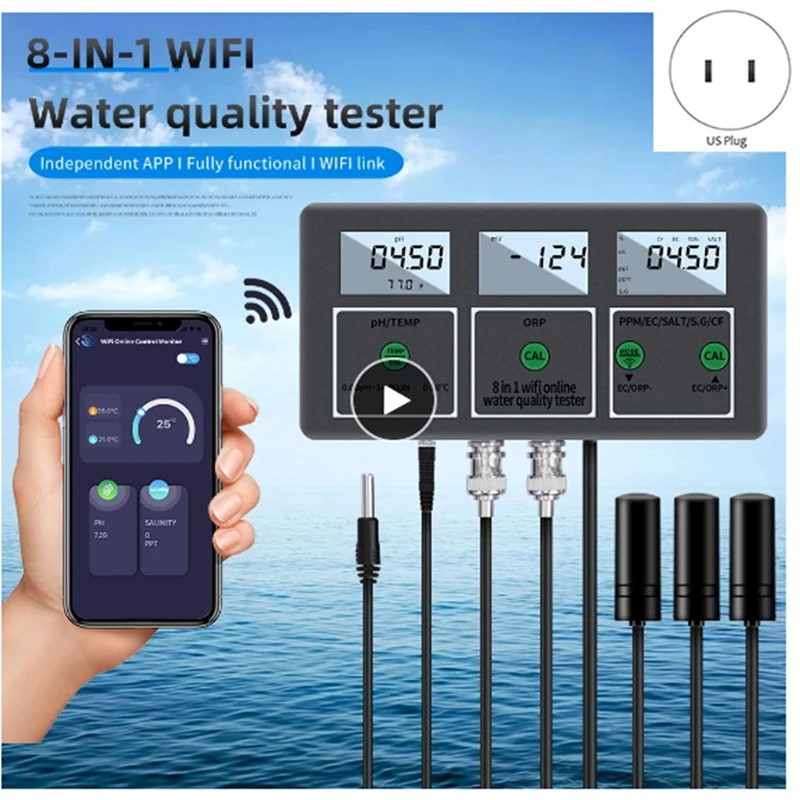 Цифровой Wi-Fi тестер качества воды Tuya 8 в 1 измеритель PH EC TDS соли SG Temp ORP CF