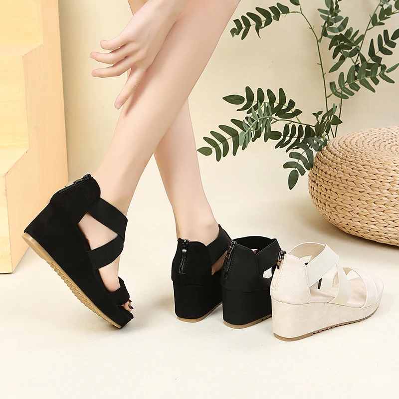 

Summer Hot Sale Ladies Sandals, Fashion Solid Color Sexy Open Toe Cross Elastic Wedges, Simple Versatile Comfortable Sandals
