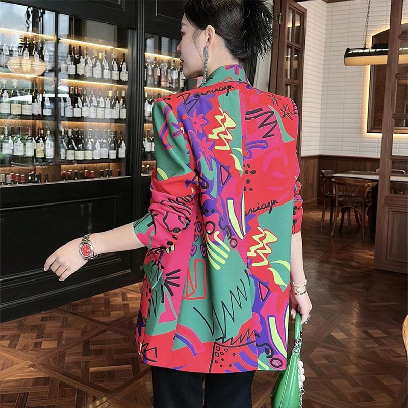 High street style Temperament Printed Suit Jacket 2023 Women Spring New Long-sleeve Casual Bomber fashion Big Size Female Jacket