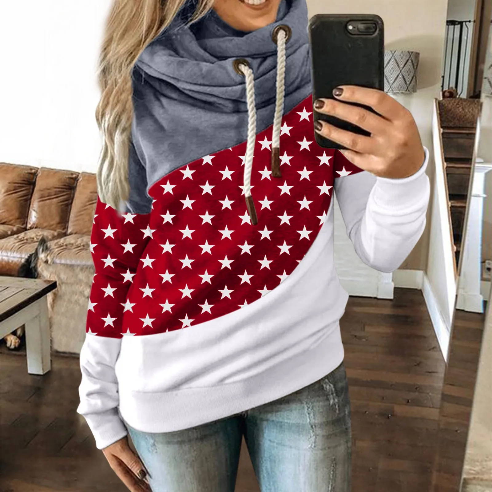 

Tops Contrast Long Women Winter Autumn Casual Stars Sleeve Hoodie Sweatshirt Women's Collar Medium Fleece Lined Clothes Women