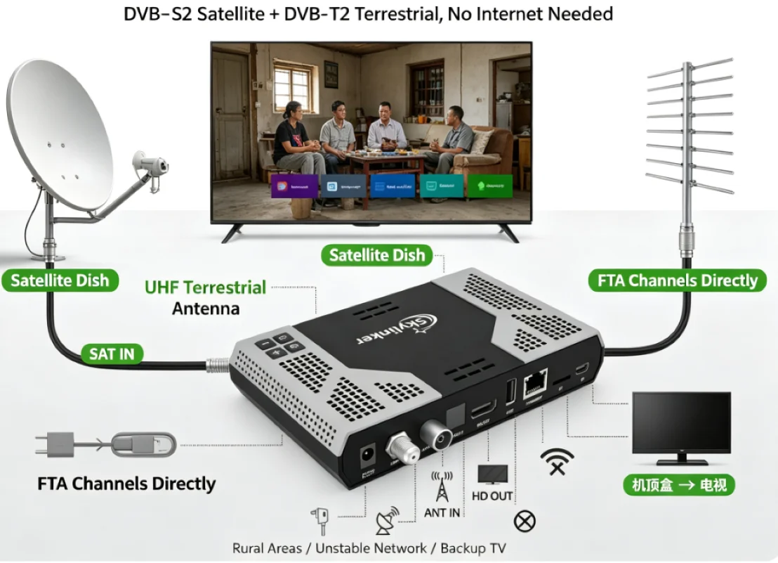 Фото 2026 Skylinker Z8 Plus Гибридный Android OTT+ DVB-S2+DVB-T2 HD 4K ТВ-бокс FTA с поддержкой H265, 2+16 ГБ, спутниковый ресивер DVB-S2, 3 сигнала №1