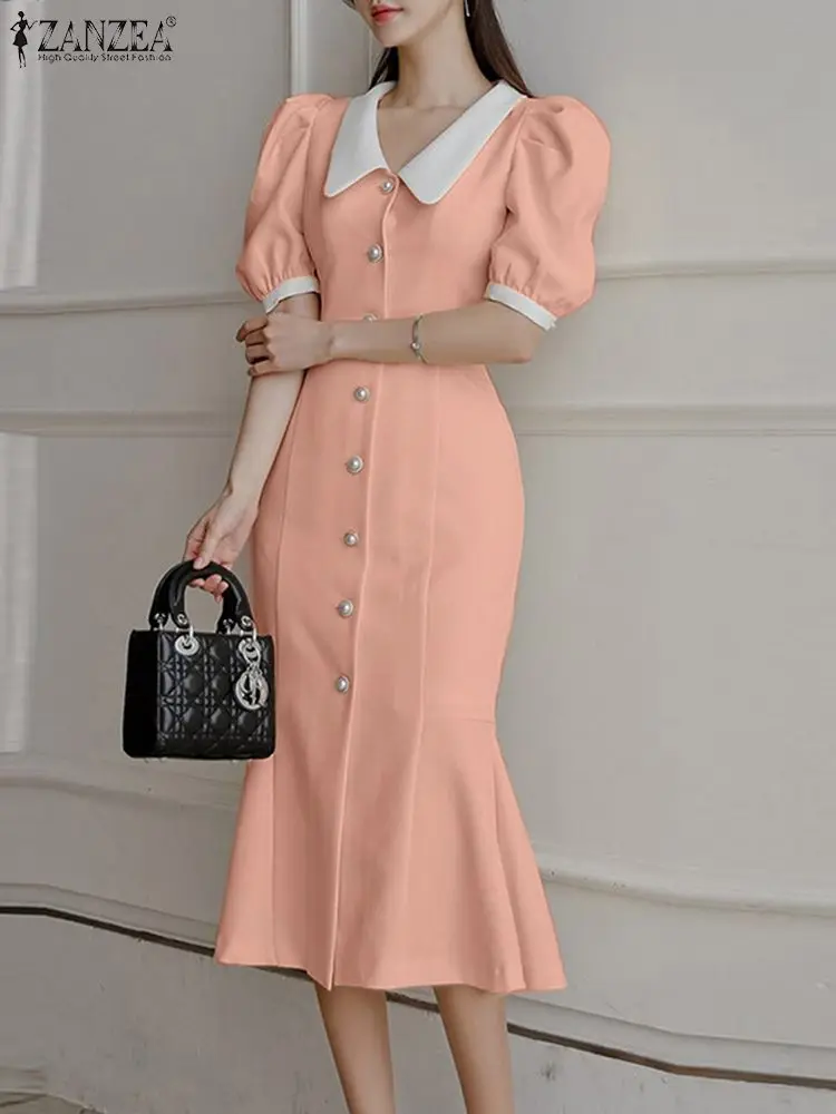 

ZANZEA Elegant Party Long Dress Women 2022 Autumn Vintage Puff Sleeve Sheath Midi Dress Fashion Fishtail French Vestidos Mujer