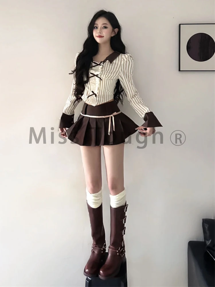 Женский винтажный комплект из 2 предметов элегантная рубашка в полоску с бантом и