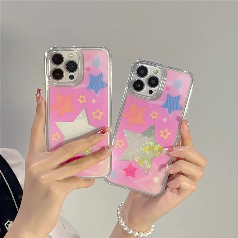 

Cute Dynamic Case For iphone 14 13 12 11 Pro XS Max XR X 6 7 8 Plus 13pro 14pro Pink Glitter star Liquid quicksand Phone Cover