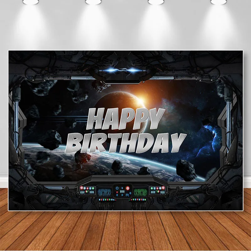 

Game Theme Happy Birthday Backdrops for Photography Tech Planet Universe Photocall Background Boy Cake Table Decorations Banner