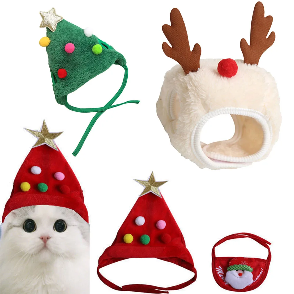 Pet Christmas Accessories Christmas Cat Costume Xmas Cat Santa Hat with Bib Scarf Dog Christmas Costume Outfit for Puppy Kitten