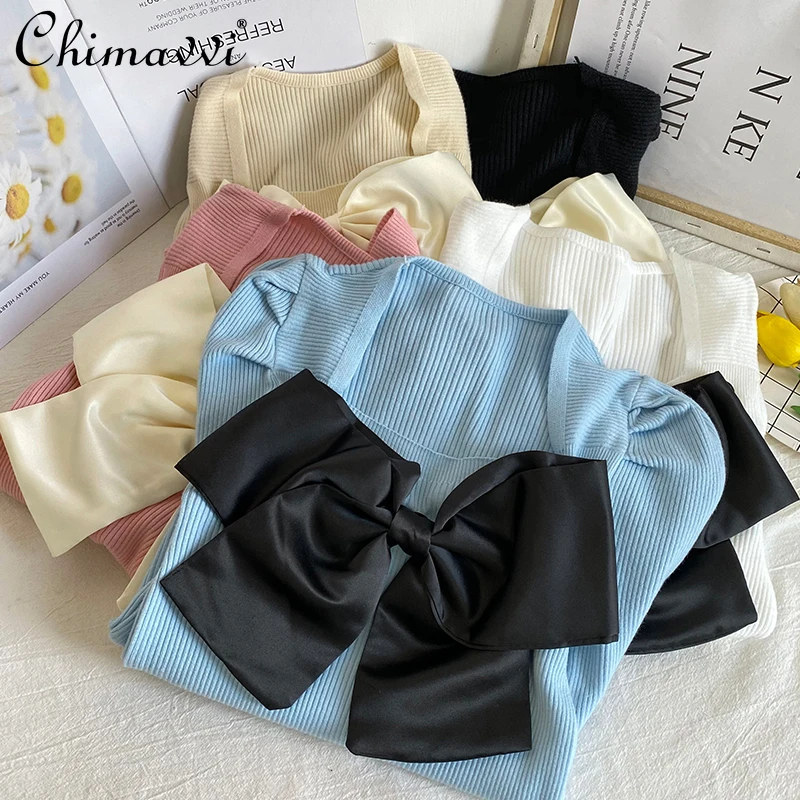 

Sweet Square Collar Big Bow Sweater women 2022 Spring clothes New Fashion Fitted Long Sleeve Elegant Knitted Top All-Matching