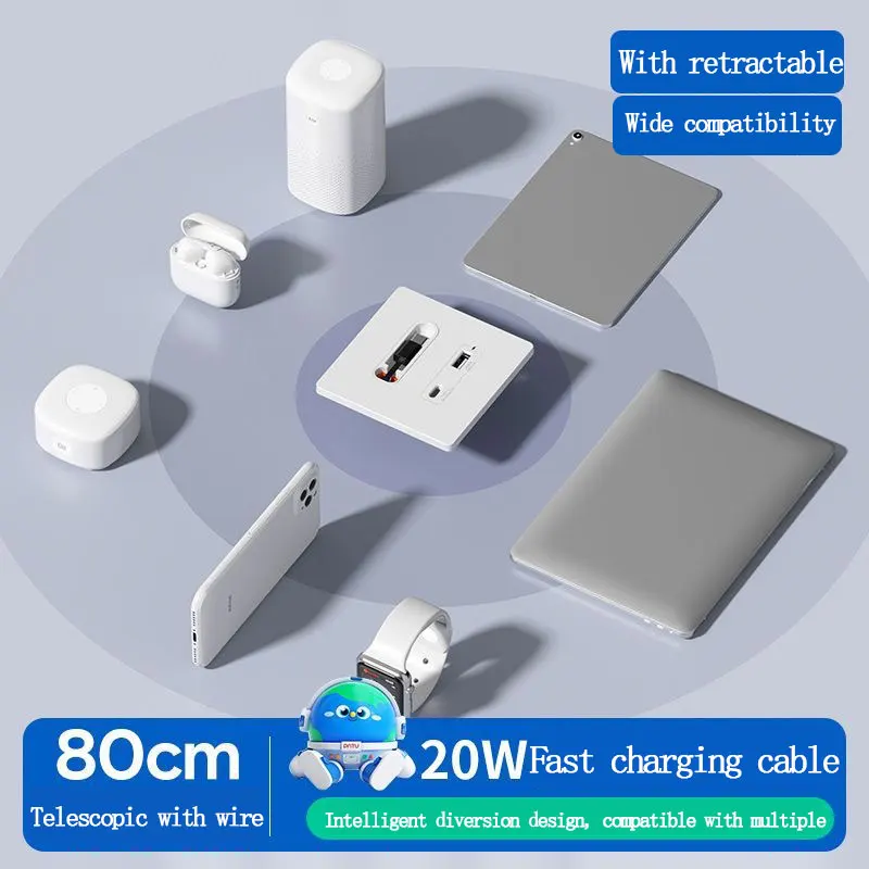Фото Скрытая USB-панельная розетка 86 типа, многофункциональная зарядка EU PD, 20 Вт, быстрая зарядка Type-c с выдвижным кабелем для домашнего использования №4