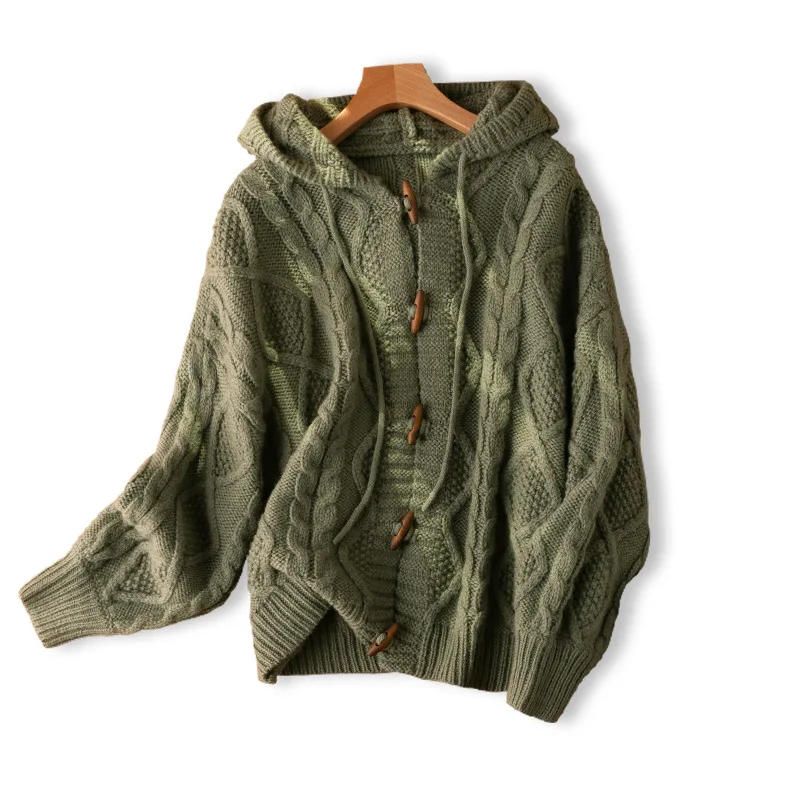 

Thick Hooded Warm Sweater Autumn Winter New 100% Wool Preppy Style Loose Fit Single Breasted Cardigan Women Long Sleeve Top