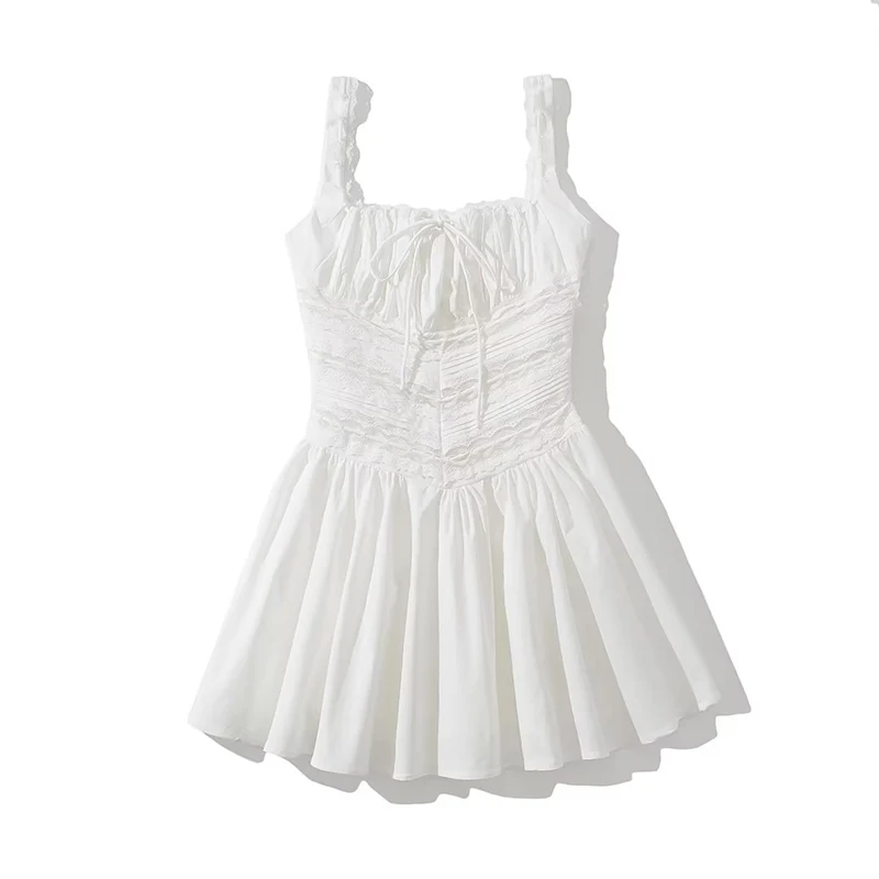 Sexy Women Lace Spliced Corset Sling Party White Dress Mini Robe