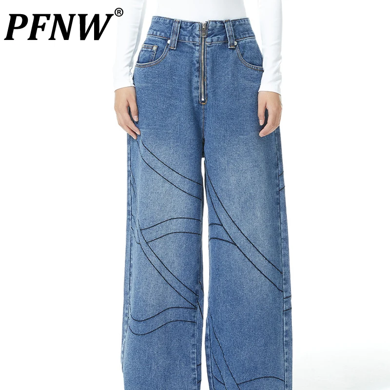 

PFNW Spring Autumn New Men's Jeans High Street Wavy Embroidery Design Loose Fashion Casual Straight Leg Denim Pants 28A0348