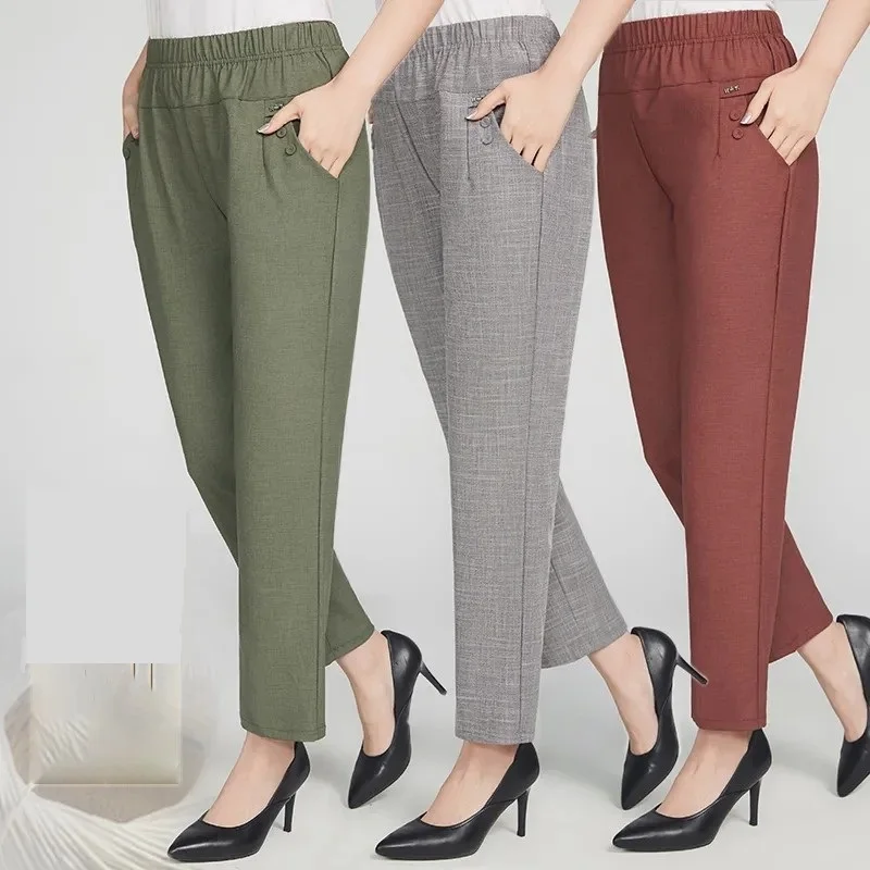 

Summer Thin Middle-Aged And Elderly Casual Straight-Leg Pants High Waist Loose Women'S Pants Breathable Fabric Mother Trousers