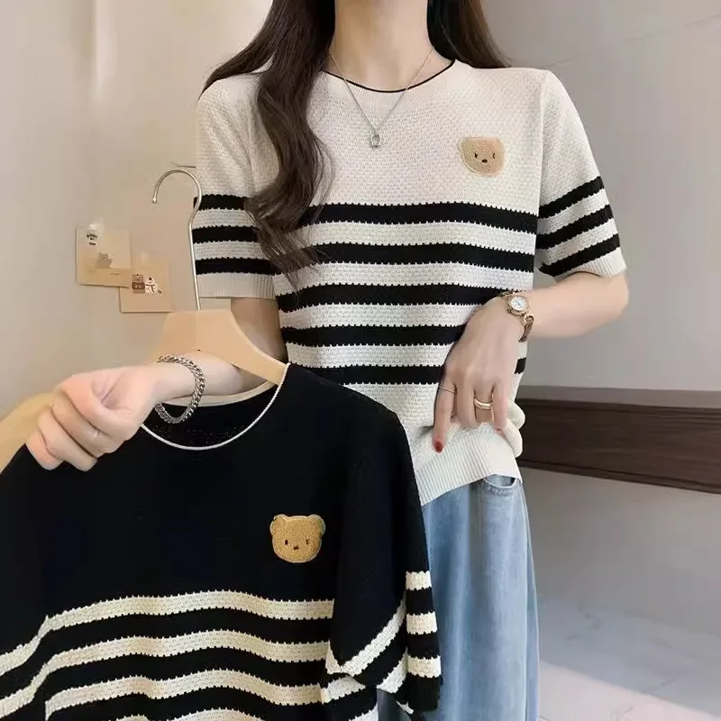 Новый летний мужской укороченный вязаный топ в полоску с круглым вырезом для