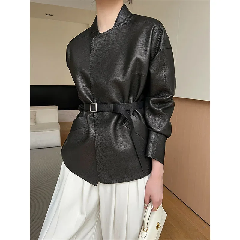 Черная кожаная куртка из оленьей кожи женское короткое пальто весна-осень 2024