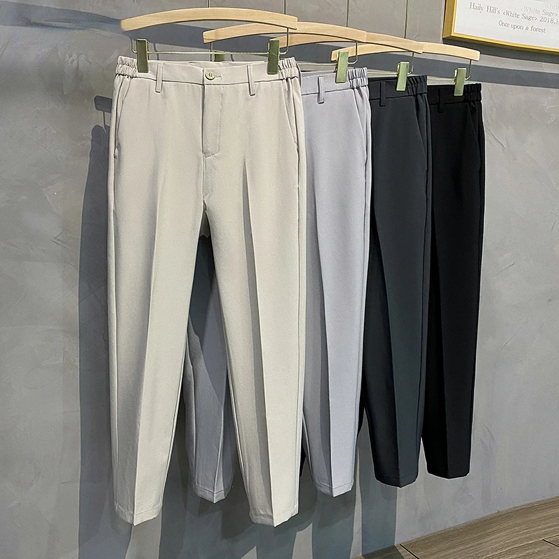 

2023 Spring Summer Men's Casual Pants Suit Pant Slim Fit Work Elastic Waist Jogging Trousers Male Black Grey Plus Size 40 42