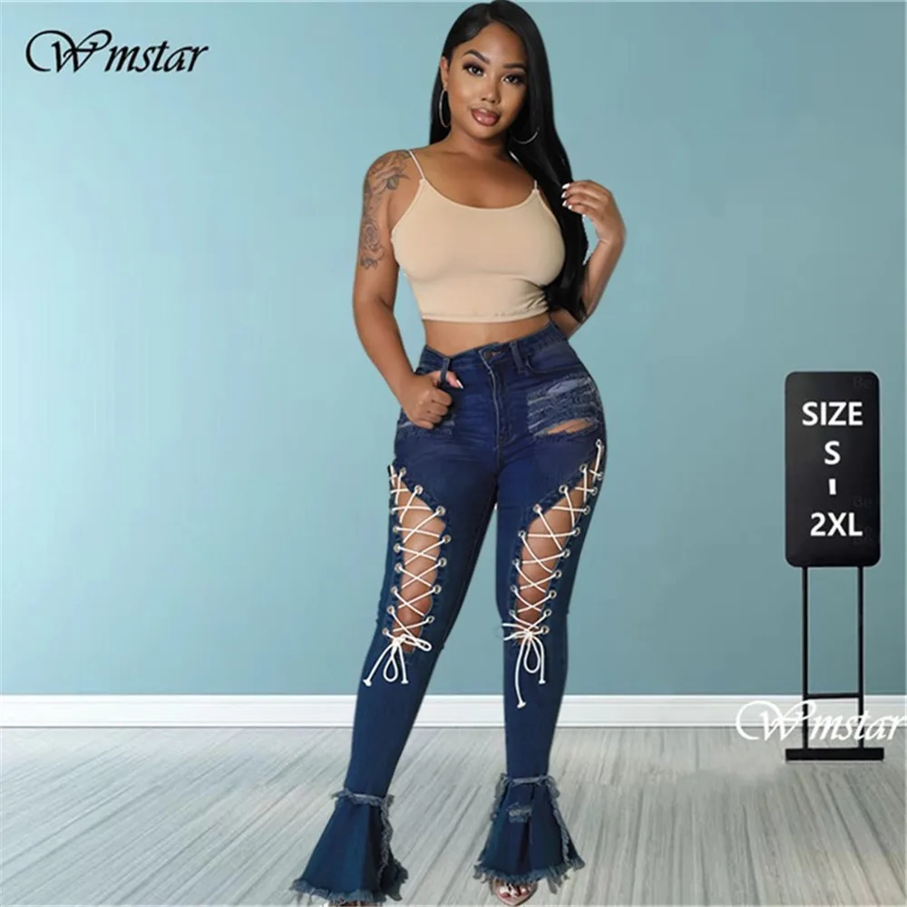 

Wmstar Flared Jeans Women Bandage High Waist Tassel Hole Denim Ripped Bottom Stretch Fashion Streetwear Wholesale Dropshipping