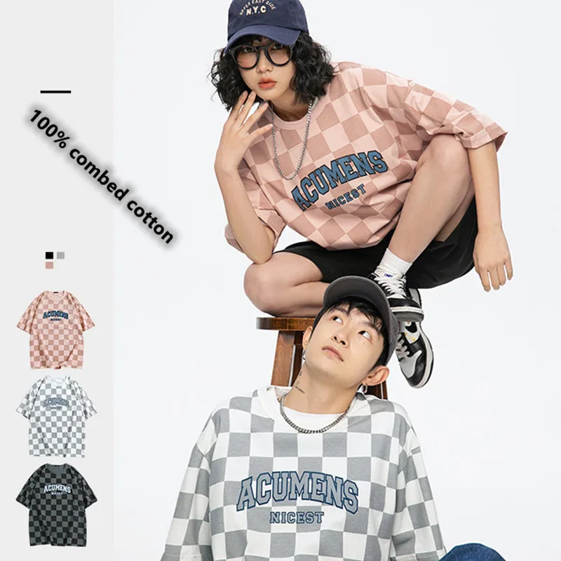 

february 14 girl Men t women's-shirt Oversized t-shirt2022 trendy Plaid printed cotton loose men's top