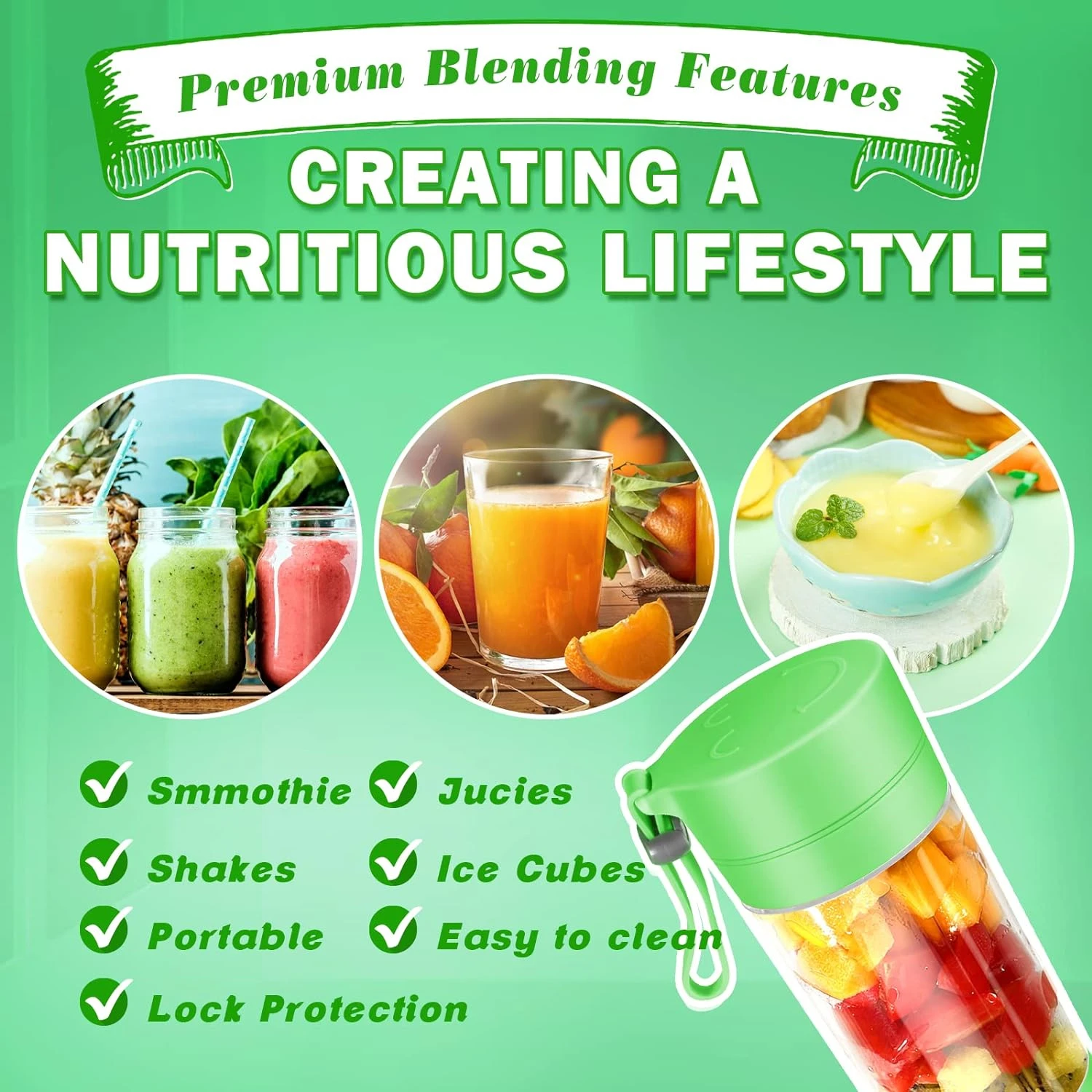 Готовый в путешествиях портативный зеленый перезаряжаемый USB-блендер с 6