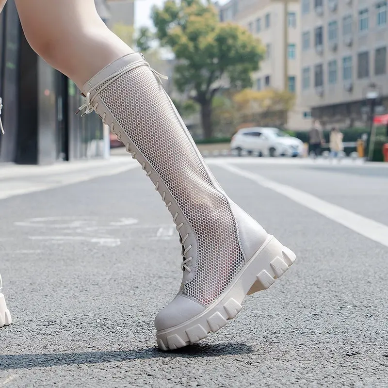 Summer Boots Women Chunky Heel Knee-length Platform Woman Female Round Toe Zipper Sandals Mesh Ladies Fashion Comfort Shoes