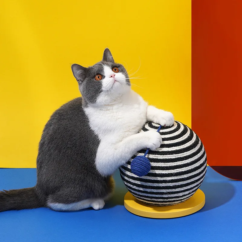 

Wear-resistant Woven Sisal Scratch Ball with Wood Base Pet Toy Scratch Board Ball Funny Interactive Scratch Chew Toy For Cat Dog