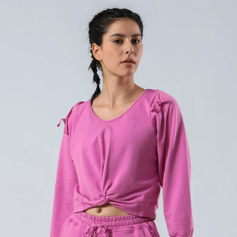 

ABS LOLI Cotton Cropped Pullover Hoodie For Women Twist Hem Yoga Long Sleeve Sweatshirt Drawstring Hood Gym Workout Crop Top