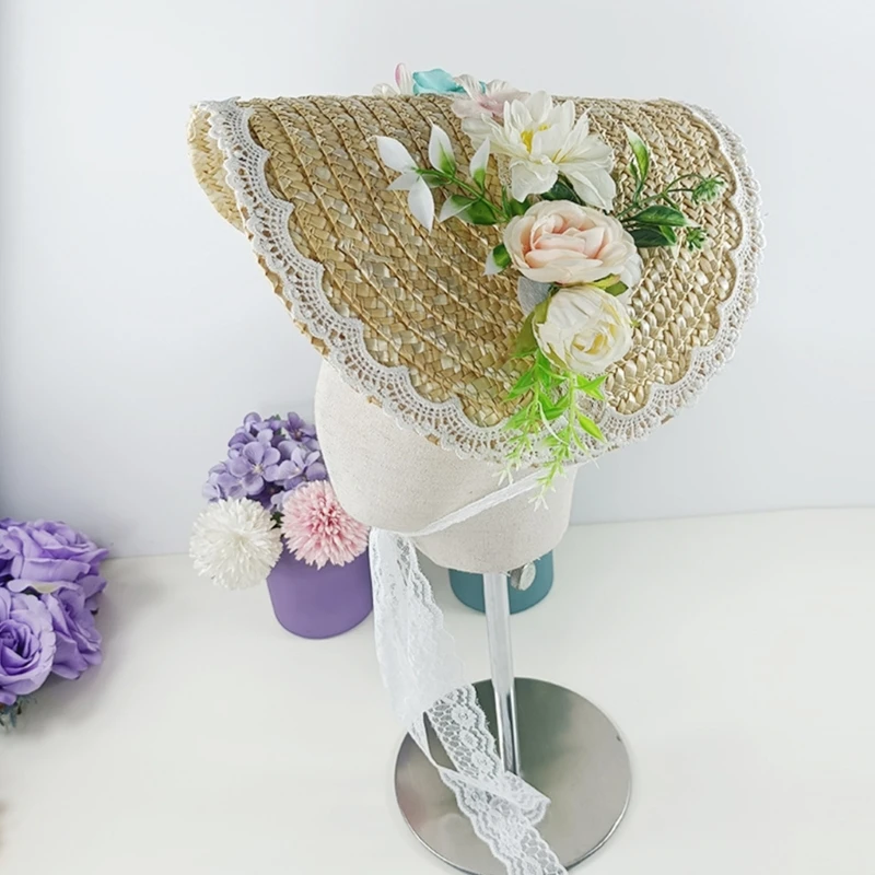 

Western Straw Hat with White Flower Bowknot White Lace Tea Party Versatile